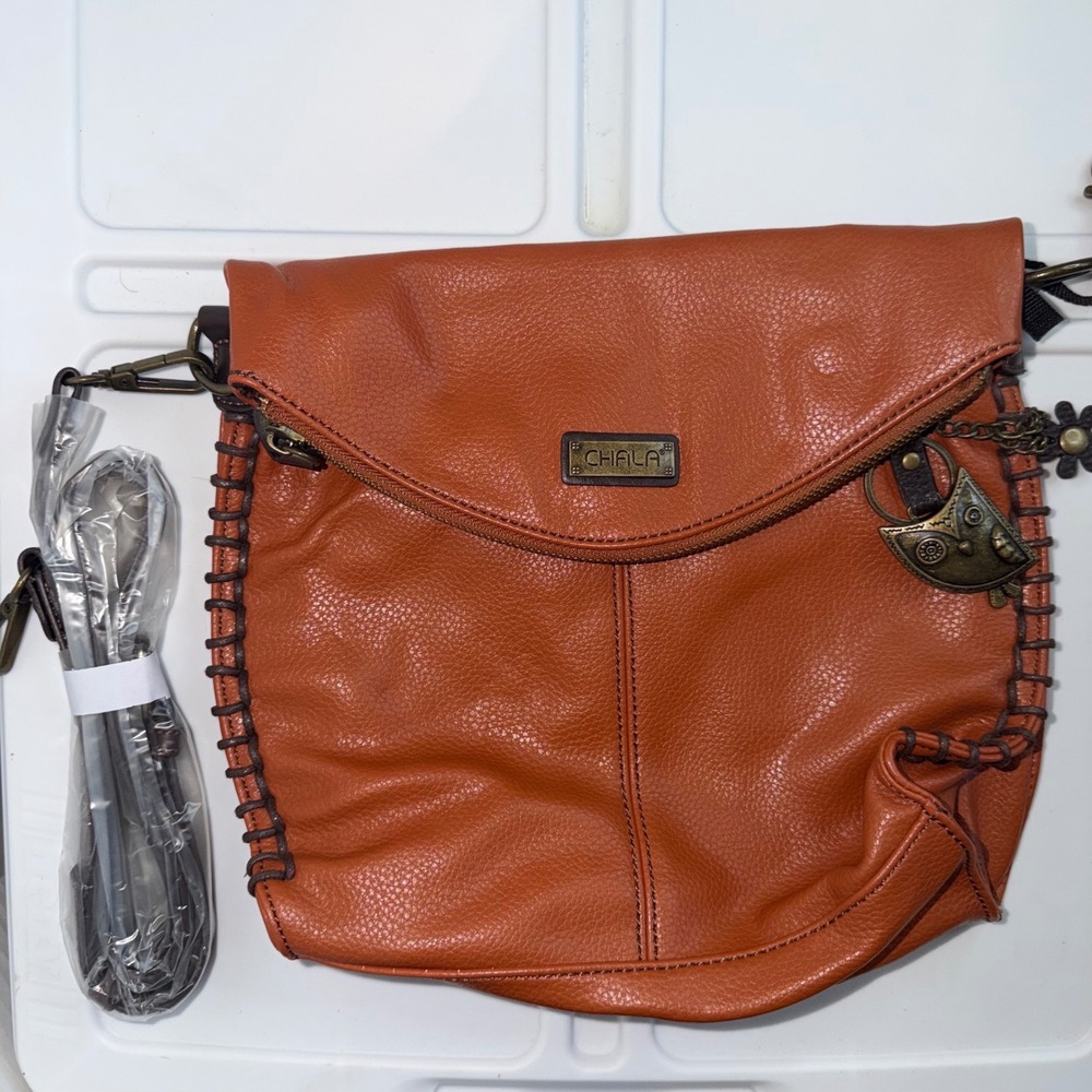 Chala Foldover Crossbody Bag Orange Vegan Leather Owl Whipstitch Boho Large